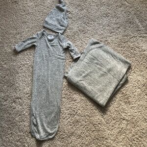 Aden+anais grey baby gown & hat set, matching swaddle blanket, size 0-3 months